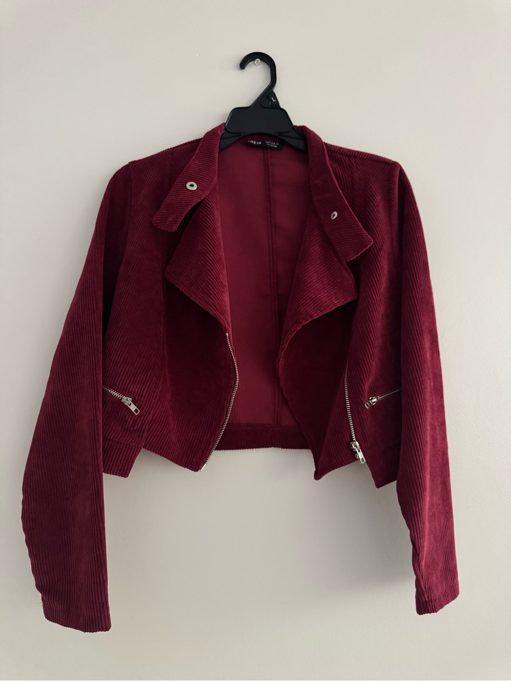 SHEIN Burgundy Corduroy Cropped Moto Blazer